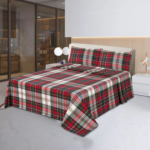 Yarn Dyed Cotton Bed Sheet 3 Pcs Set Red Green Plaid